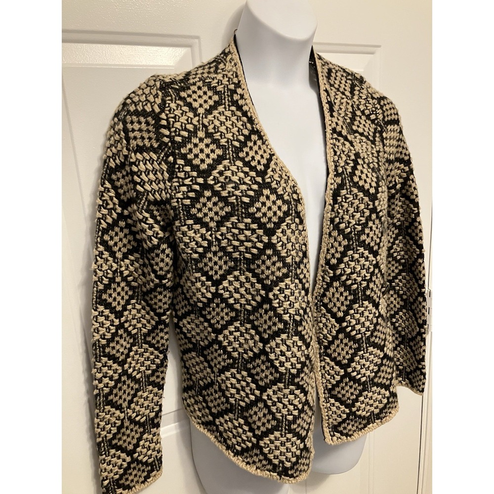 Lucky Brand Sweater Size Large Cardigan Boho Wool blend Beige Black Women’s - Picture 3 of 6